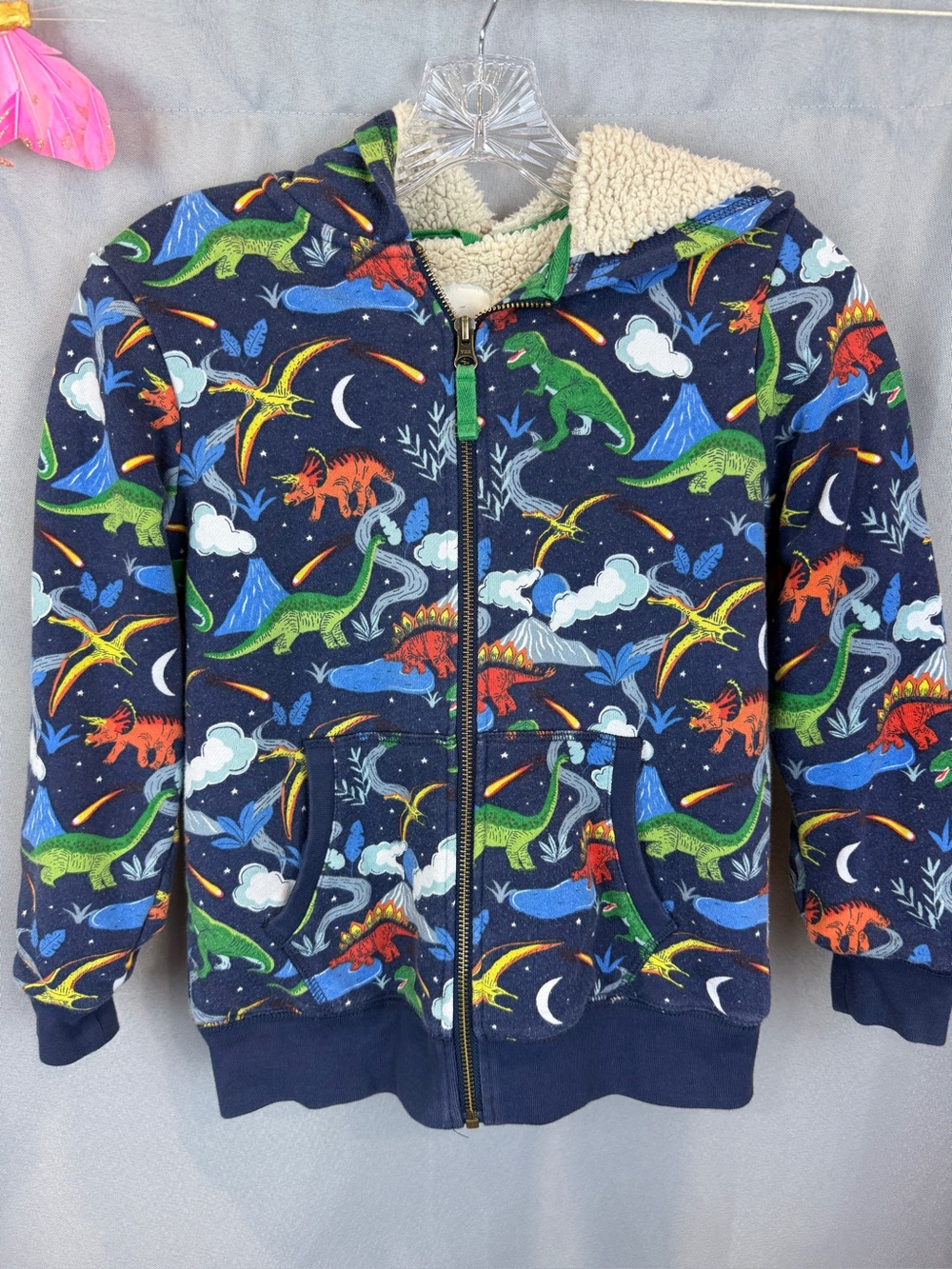 Mini Boden Full Zip Shaggy Sherpa Lined Dinosaur Print Hoodie- Size 8-9Y